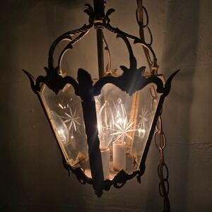 French Rococo Brass Gilt Lantern Etched Starburst Glass panel Swag Lamp